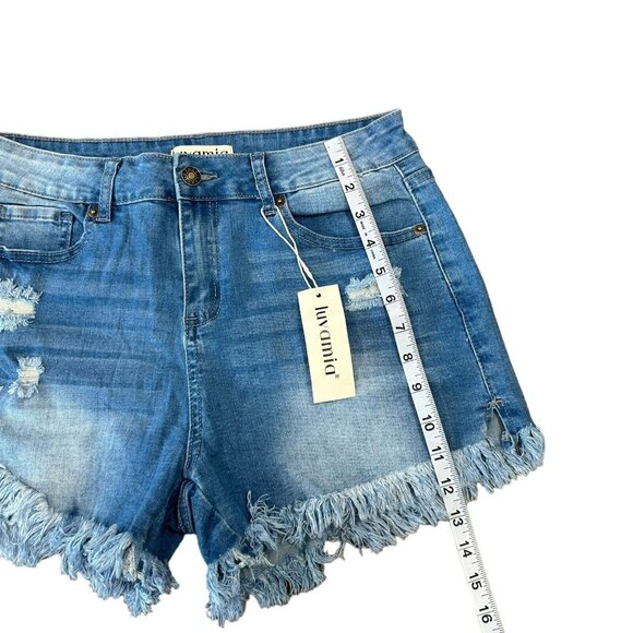 Luvamia Women's SZ M- Mid Rise Denim Shorts Stretch Ripped Raw Hem Jean Shorts - Picture 7 of 10